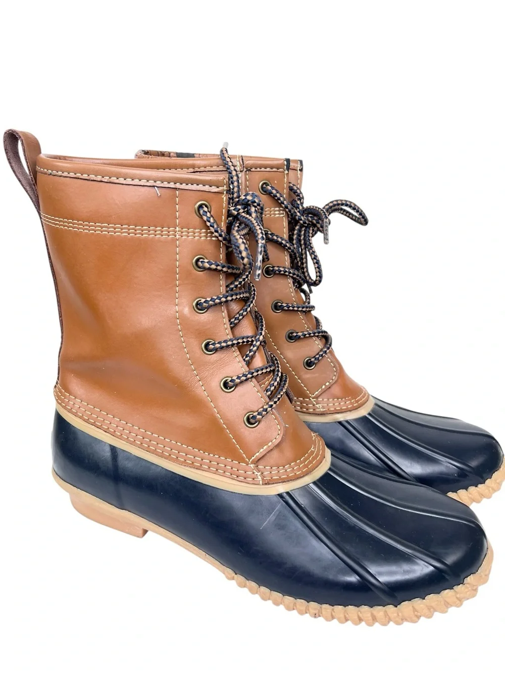 Lands End Womens Duck Boot Sz 9 classic navy blue tan Rain Outdoor Preppy